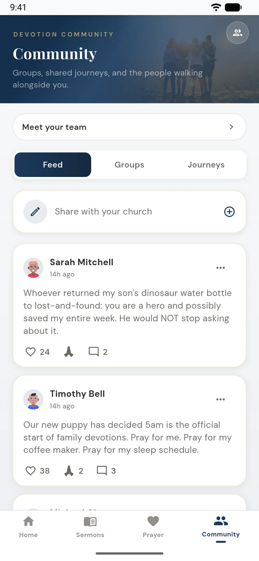 The church community feed in the Devotion app: members posting, with hearts, prayers and comments