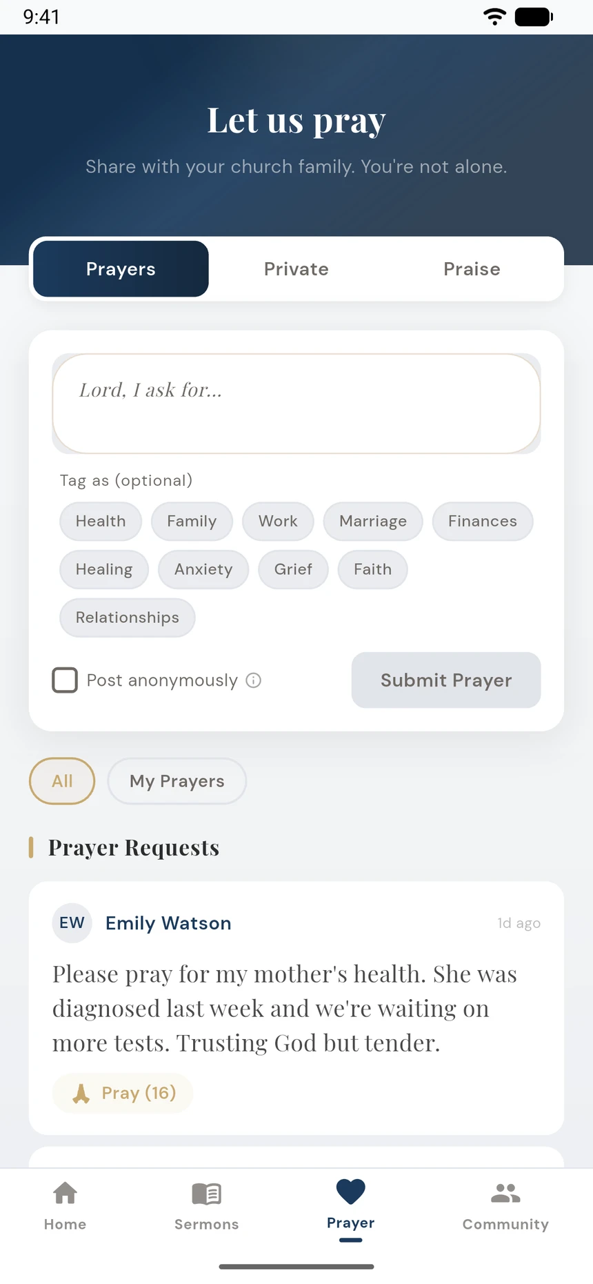 The church prayer wall in the app, with prayers, private requests and praise