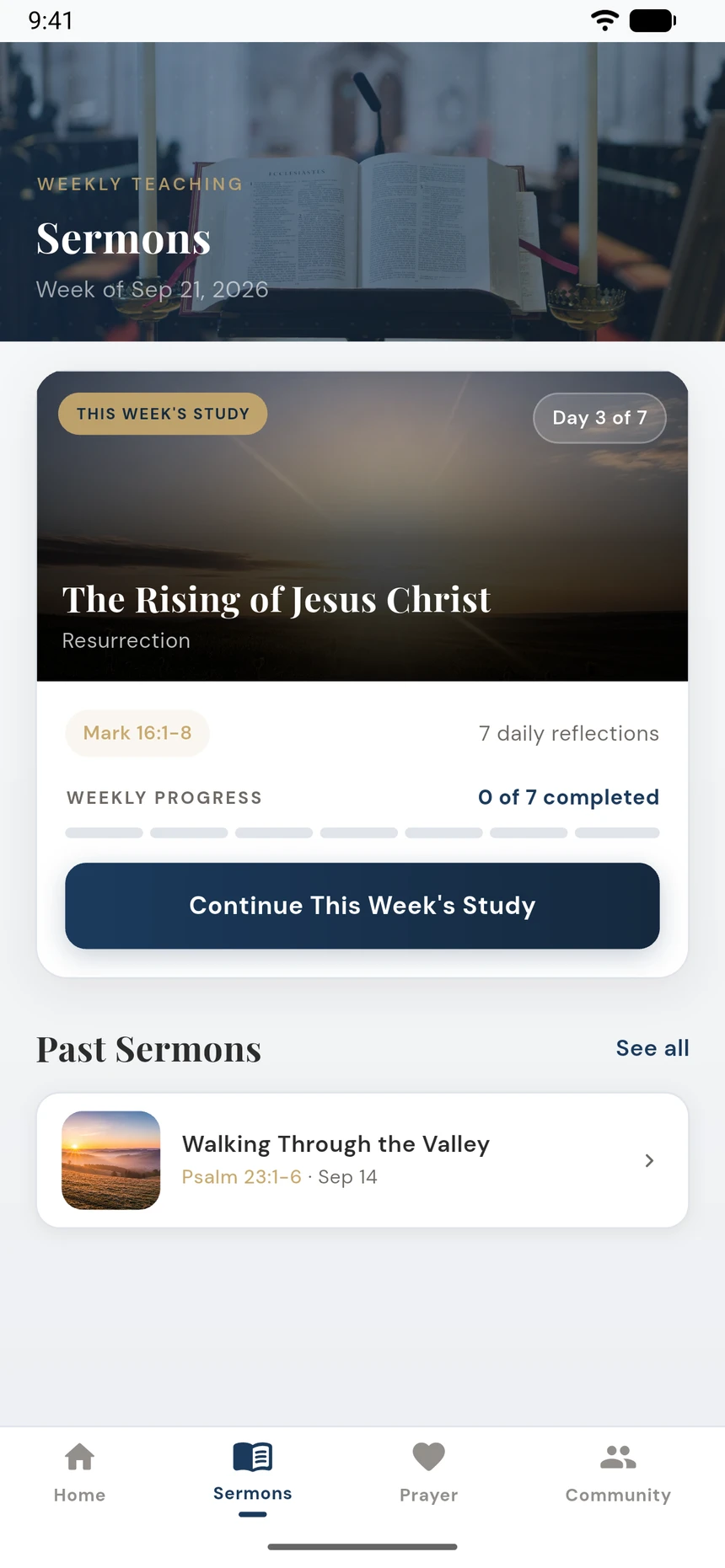 The member Sermons tab: this week's study, day 3 of 7, with weekly progress