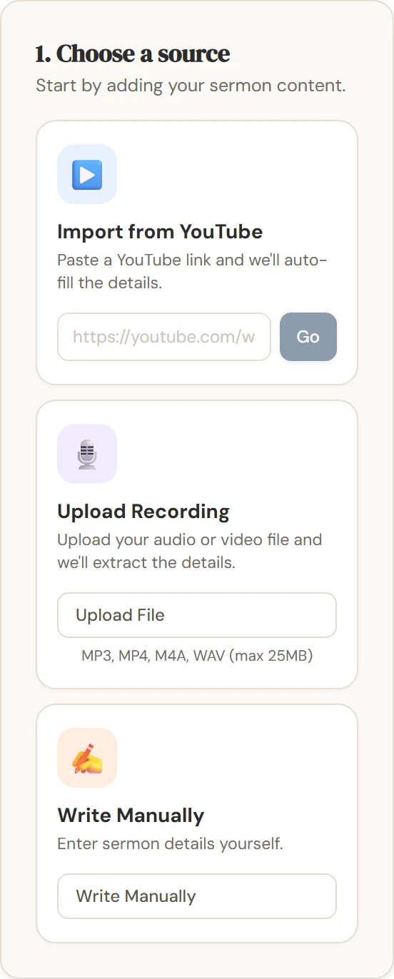 Choosing a source for a new sermon in the Devotion portal: import from YouTube, upload a recording, or write it manually